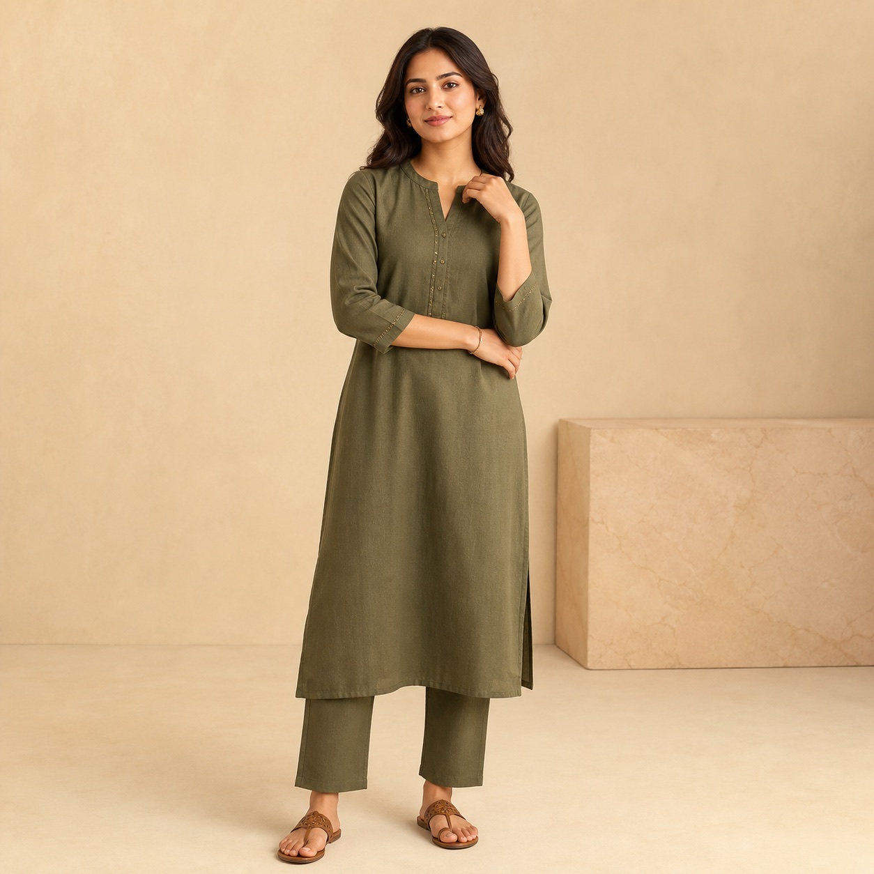 Young Indian woman in an olive kurta set