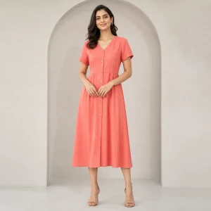 Coral Button-Front Midi Dress - Main view