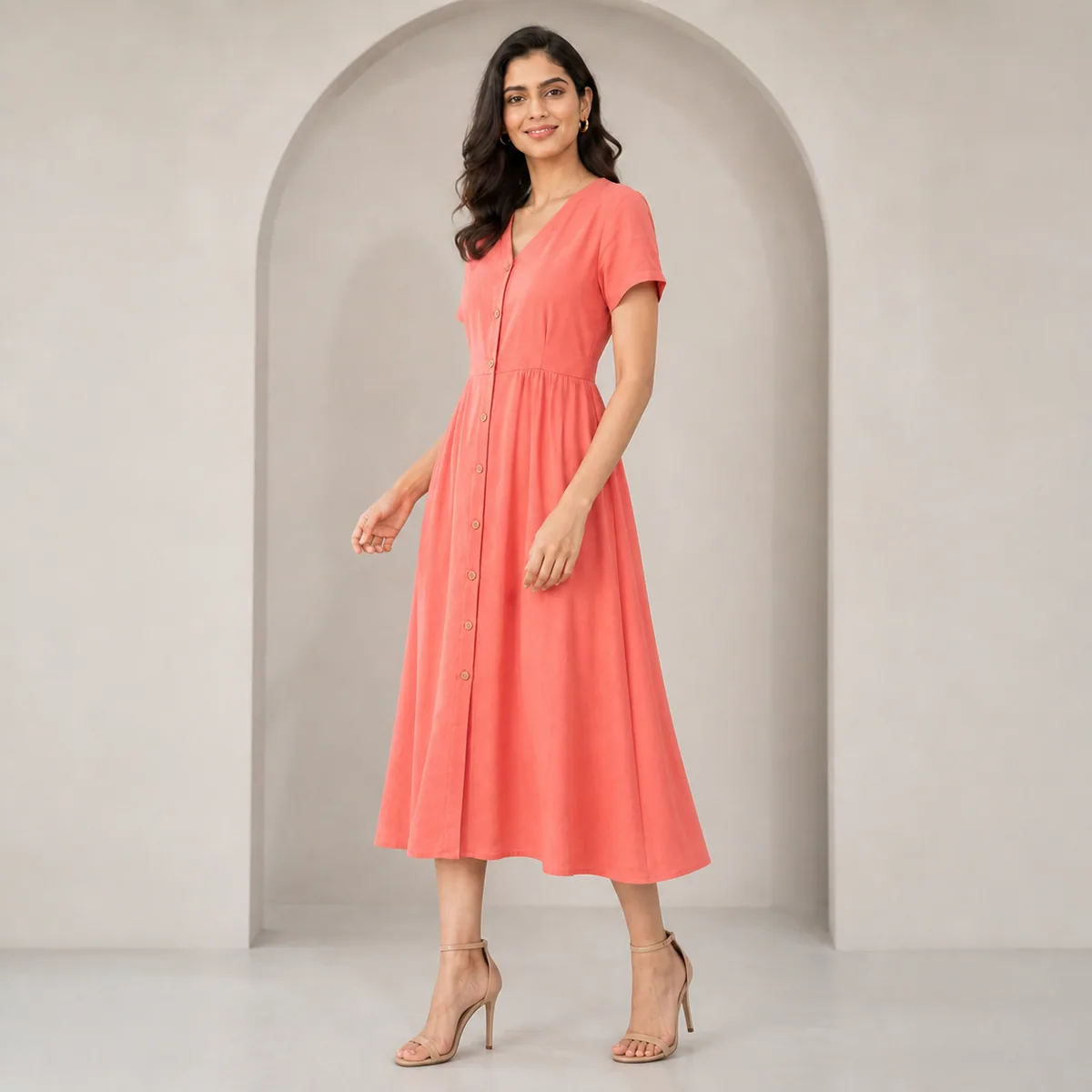 Coral Button-Front Midi Dress - Second view