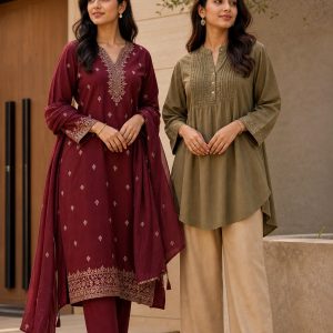 Wine Threadwork Kurta Set