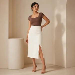 Ivory Side-Slit Midi Skirt - Main view