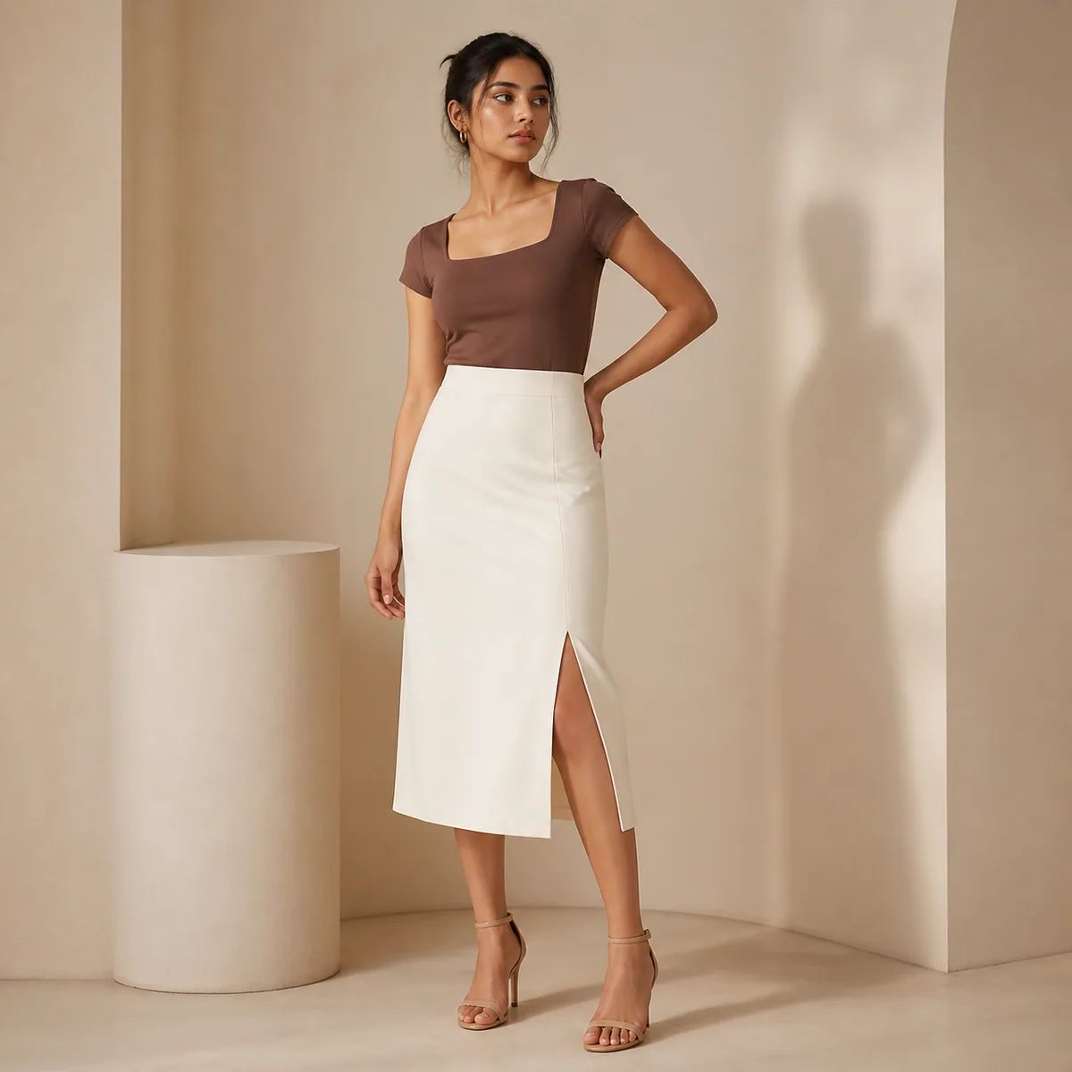 Ivory Side-Slit Midi Skirt - Main view