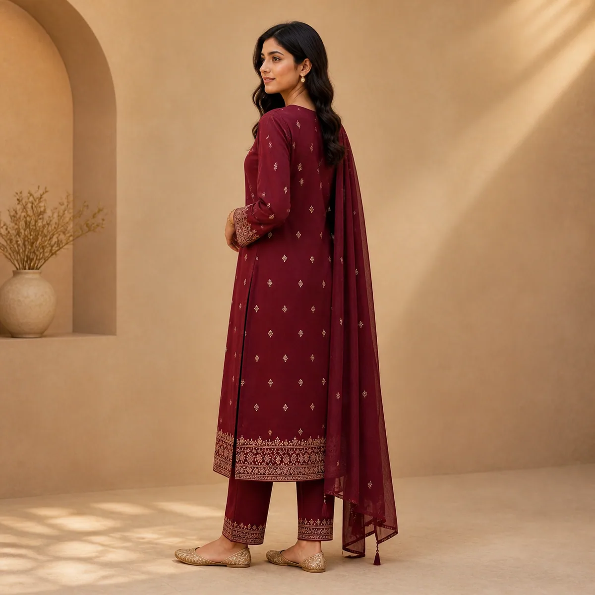 Wine Threadwork Kurta Set - Second view
